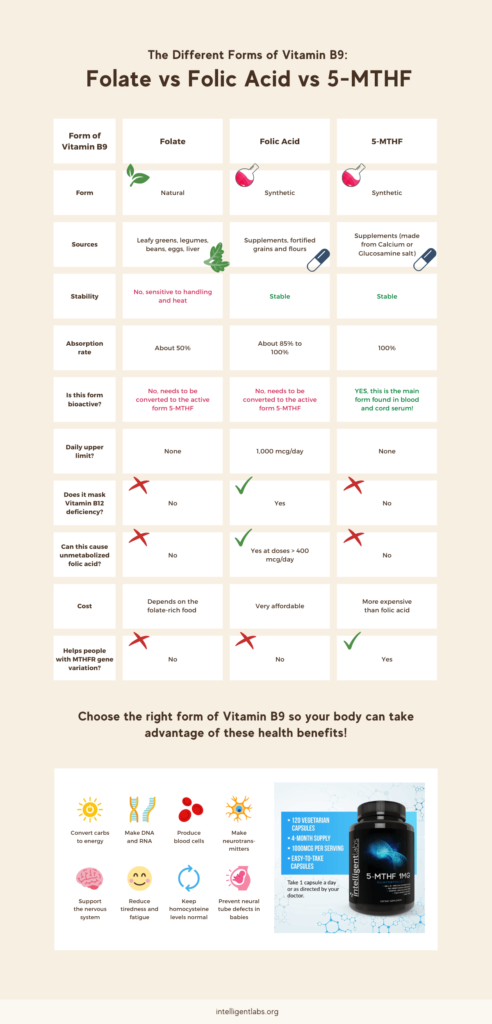 dažādas B9 vitamīna formas - folāts pret folijskābi pret 5-mthf